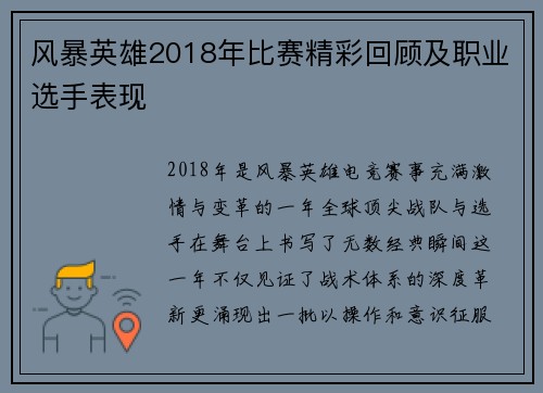 风暴英雄2018年比赛精彩回顾及职业选手表现